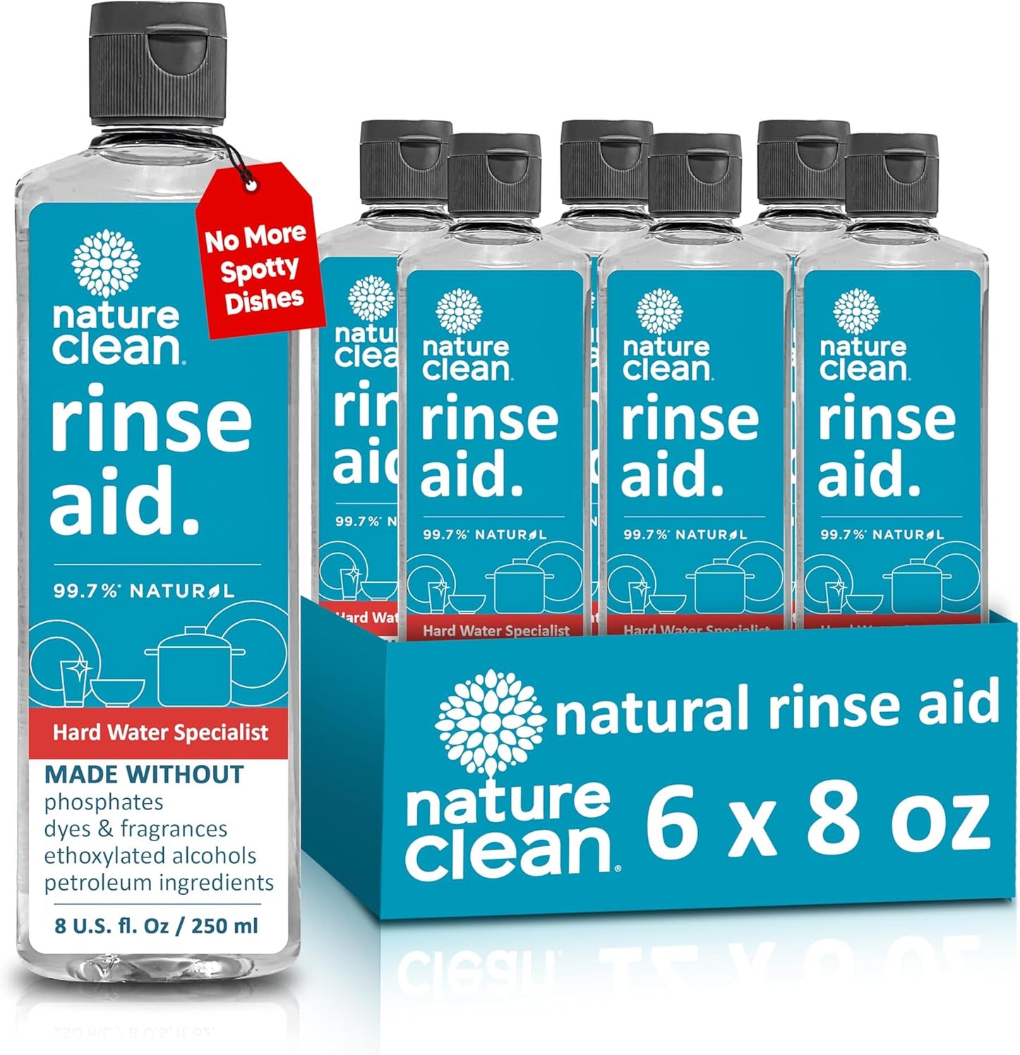 Nature Clean All Natural Dishwasher Rinse Aid Cleaner, Liquid Dishwasher Rinse Agent Spot-Free Glass & Cutlery in Hard Water, Non-Toxic Dish Washer Drying Agent & Stain Remover, 8 oz/250ml, Pack of 1