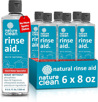 Nature Clean All Natural Dishwasher Rinse Aid Cleaner, Liquid Dishwasher Rinse Agent Spot-Free Glass & Cutlery in Hard Water, Non-Toxic Dish Washer Drying Agent & Stain Remover, 8 oz/250ml, Pack of 1
