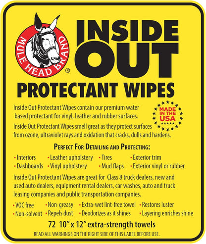 Mule Head Inside Out Protectant Wipes – Automotive Interior & Exterior Cleaner for Vinyl, Leather, Rubber & Trim, UV Protection, Non-Greasy, 72 Count, 10" x 12"
