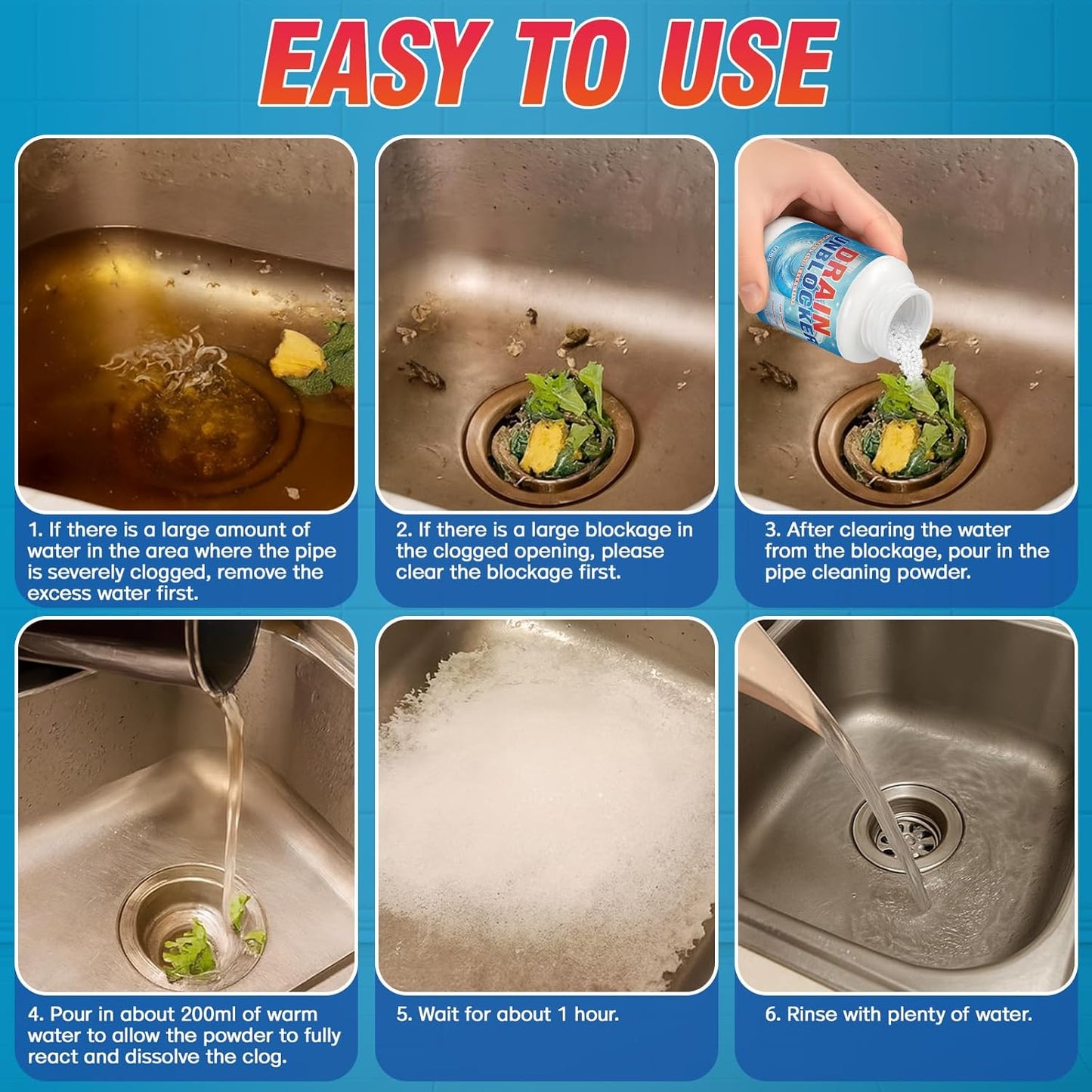 Drain Clog Remover, Powerful Sink Drain Cleaner Powder, Fast Removes Clogs, Hair, Grease & Soap Scum, for Pipes Home Use (260g)