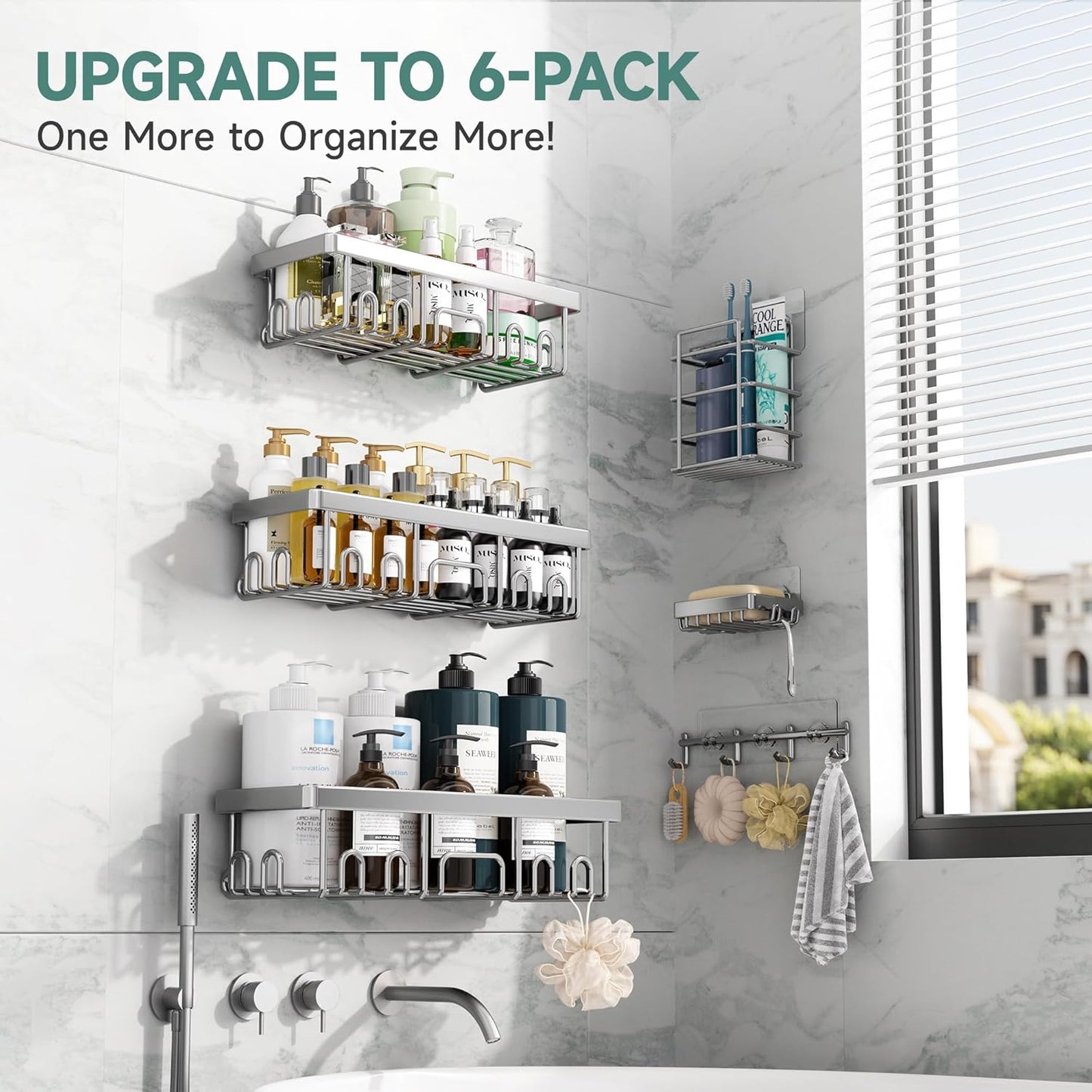 Veken Shower Caddy 6-Pack, Advanced Rustproof Design, No Drilling Adhesive Shelves, Rack with Soap Holder, Large Capacity Bathroom Organizers and Storage, Wall-Mounted, Gifts for Women Mom