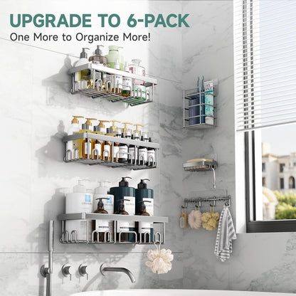 Veken Shower Caddy 6-Pack, Advanced Rustproof Design, No Drilling Adhesive Shelves, Rack with Soap Holder, Large Capacity Bathroom Organizers and Storage, Wall-Mounted, Gifts for Women Mom