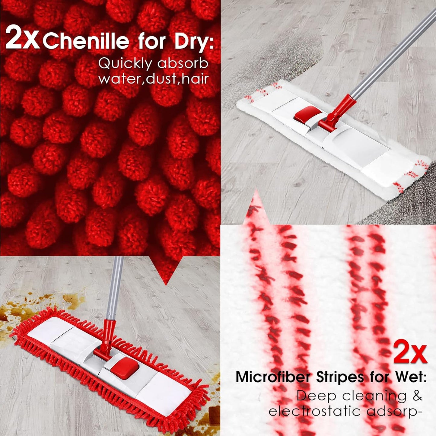 MASTERTOP Microfibre Flat Mop, Extended Wet Dry Large Floor Mop with 5 Reusable Pads & Telescopic Handle, Dust Mops for Laminate Wooden Hard Floor Vinyl Tile Floors Cleaning - Send 1 Cleaning Scraper