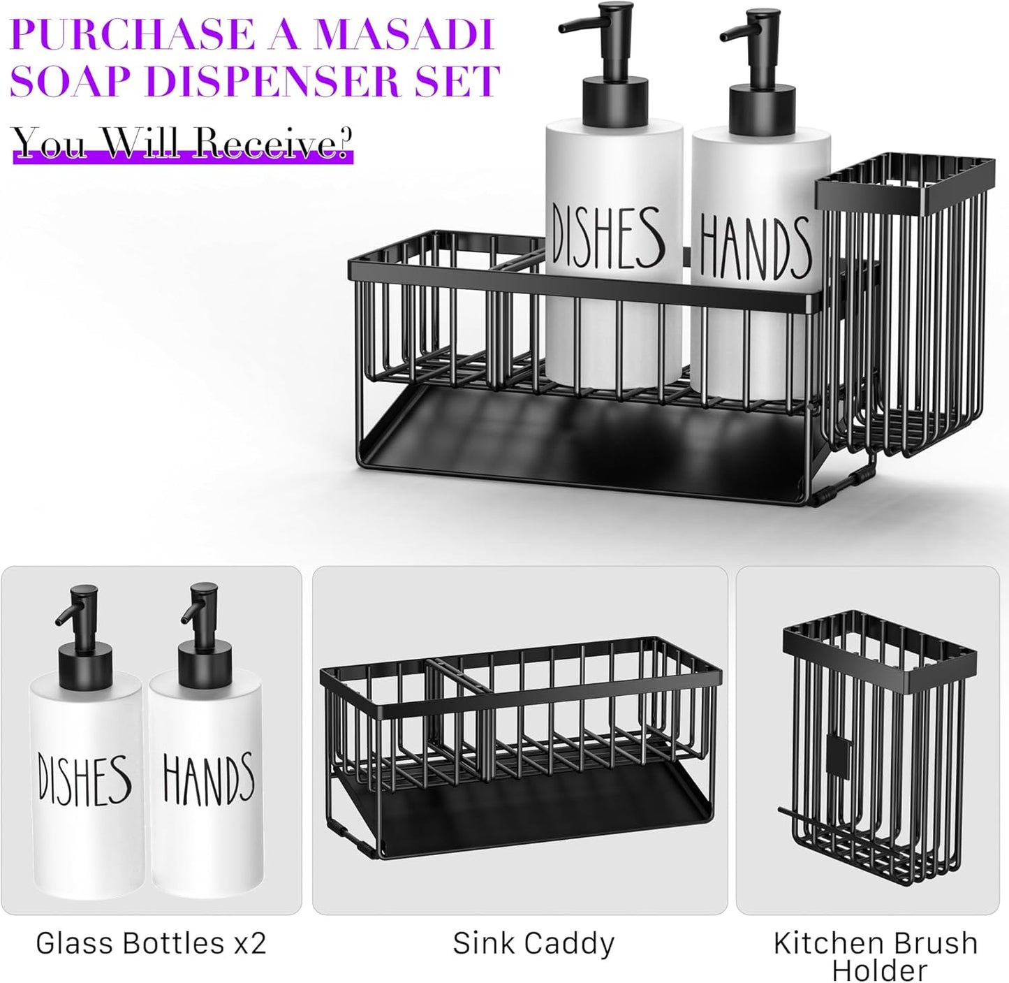 MASADI Kitchen Sink Caddy with Dish Soap Dispenser Set, 12OZ Glass Bottle, Hand and Dish Soap Dispenser Set, Non-Slip Silicone Pad, Brush Holder, Kitchen Sink Organizer Countertop (Black+Clear)
