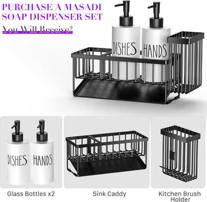 MASADI Kitchen Sink Caddy with Dish Soap Dispenser Set, 12OZ Glass Bottle, Hand and Dish Soap Dispenser Set, Non-Slip Silicone Pad, Brush Holder, Kitchen Sink Organizer Countertop (Black+Clear)