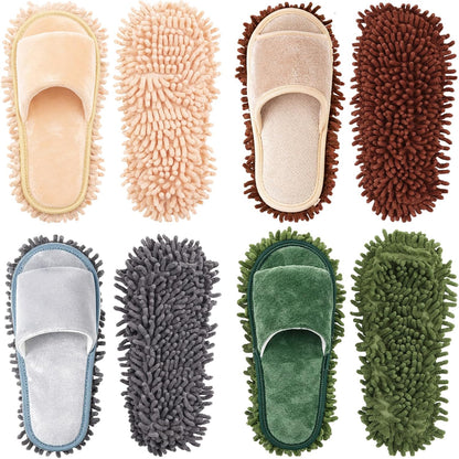 Jecery 4 Pair Washable Microfiber Mop Slippers Detachable Dusting Shoes for Floor Cleaning, Office & Home Use Suitable for Women & Men(Blue, Brown, Beige, White,L Size)