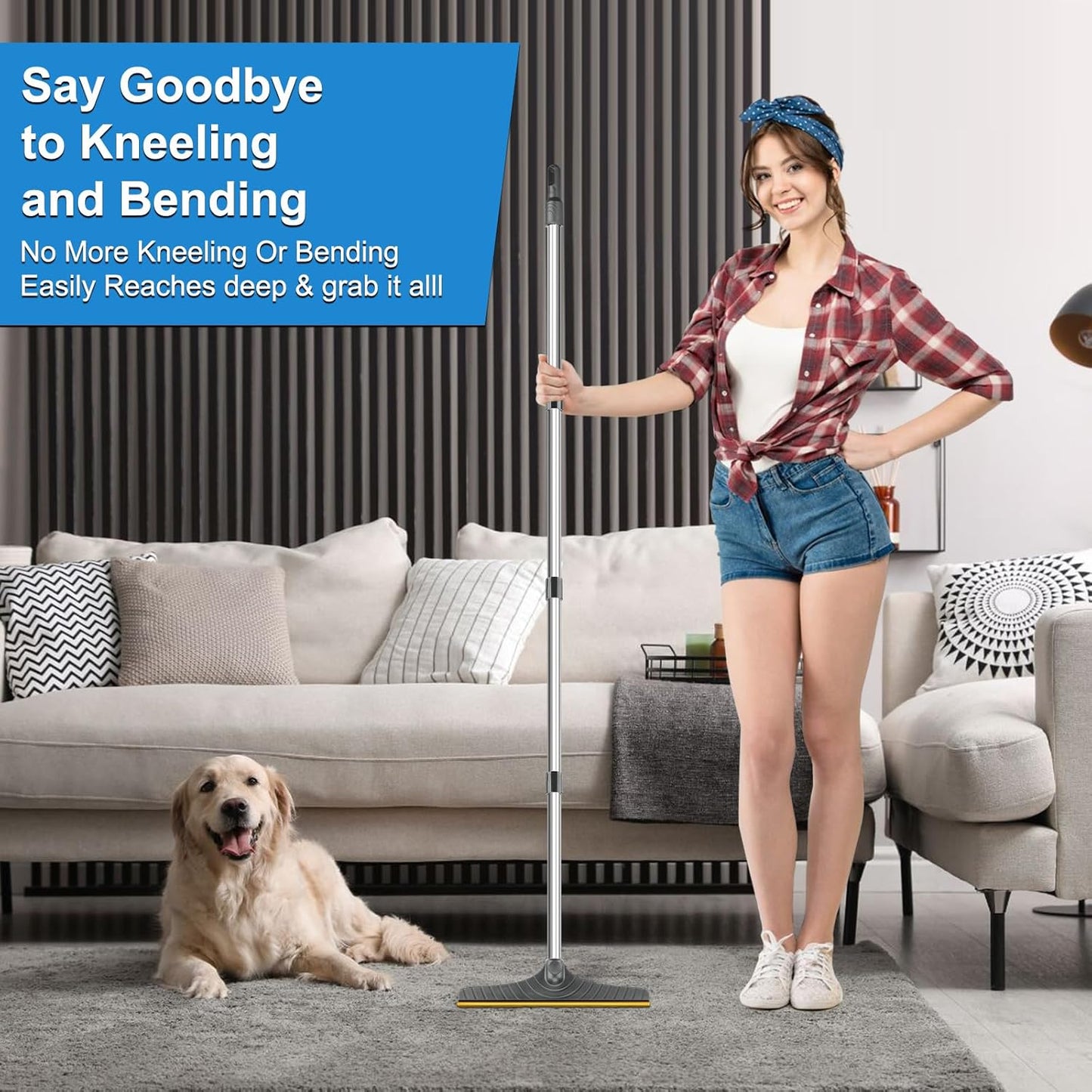 5FT Carpet Rake Pet Hair Remover, Reusable Carpet Rake with Telescopic Handle for Pet Hair Removal Tool Dog Cat Fur Remover Broom for Rugs, Mats, Beds, Stairs (Blue)