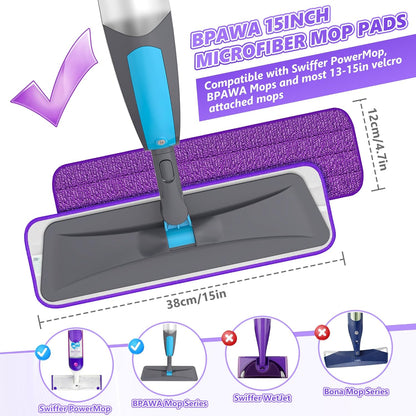 BPAWA 4X Reusable Pads Compatible with Swiffer PowerMop, 15" Microfiber Power Mop Replacement Refills Spray Mop Heads Washable Pad Dry Wet Mopping or Floor Cleaning