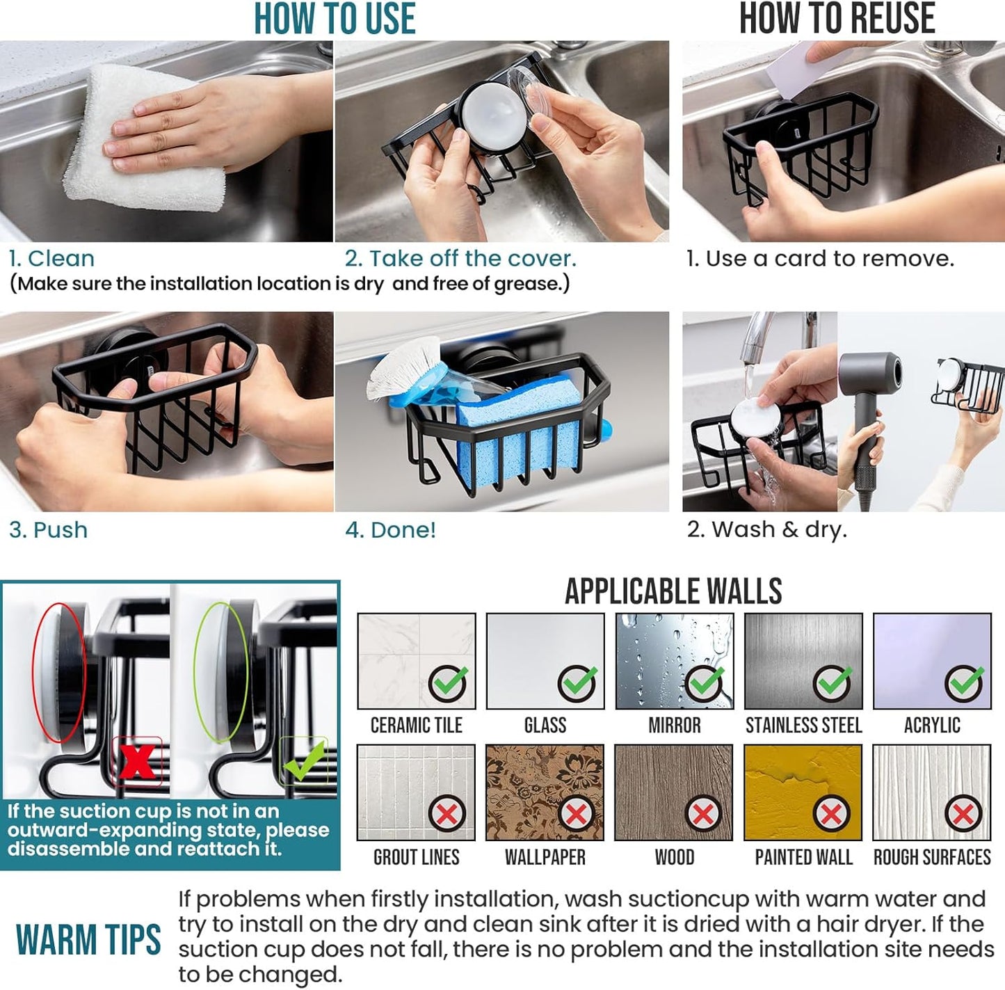 TAILI 4-in-1 Sink Caddy with Strong Suction Cup, Sponge Holder for Kitchen Sink Organizer, Removable, Rustproof, Stainless Steel Holder for Sponge, Brush, Scrubber, Scraper - Silver