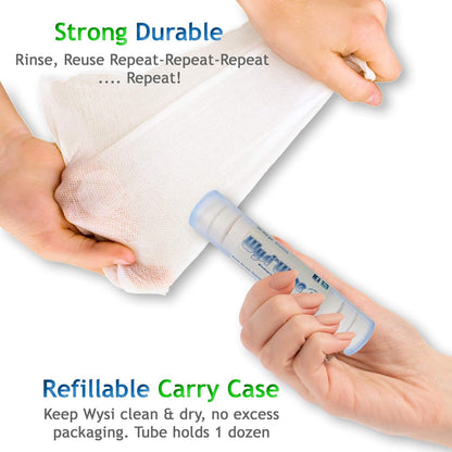 WYSI Multi-Purpose Wipes - Just Add Water - 100 Compressed Tablets & 1 To Go Tube - Multipurpose All Natural Reusable Wipes - Biodegradable Towelettes - Hypoallergenic - Compostable - Scent-Free.