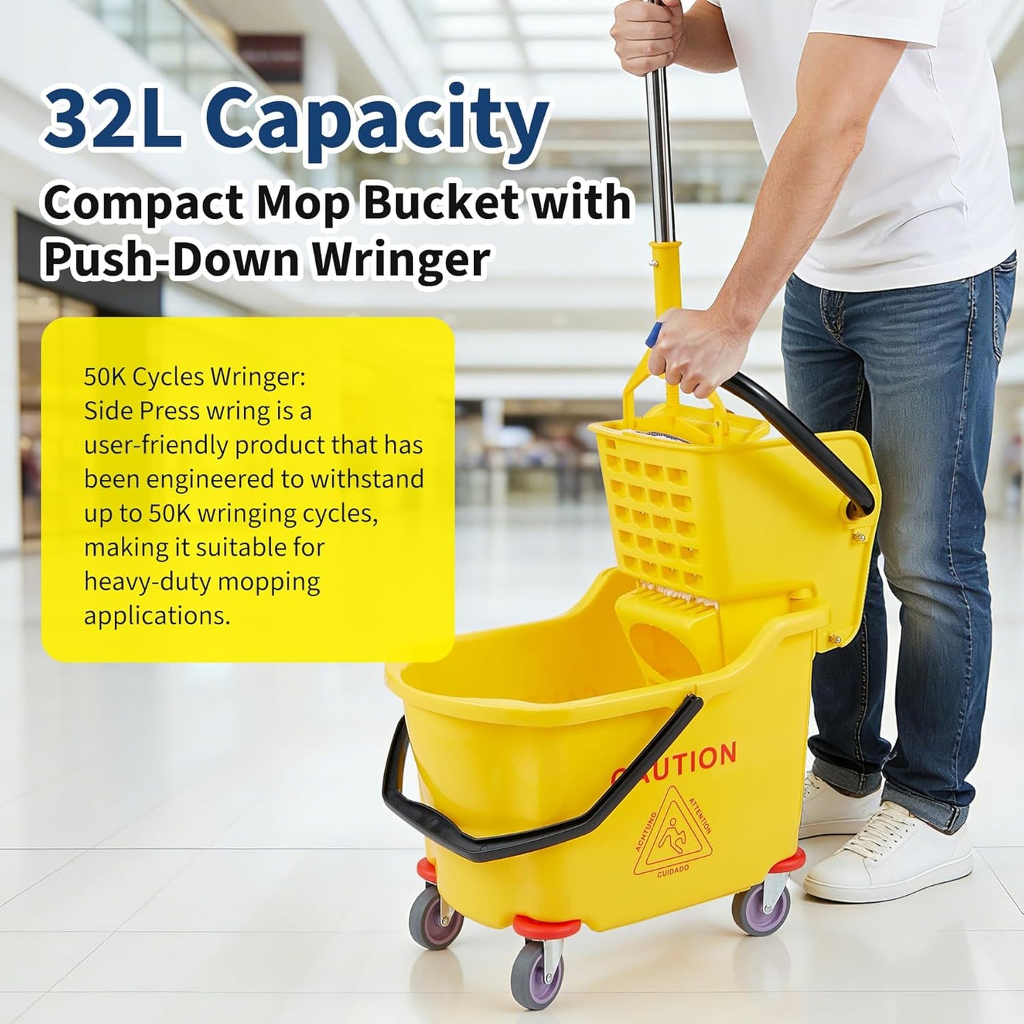 Commercial Mop Bucket with Side Press Wringer on Wheels, 35 Quart Capacity for Floor Cleaning, Kitchens, Restaurants, and Janitorial Use, Yellow