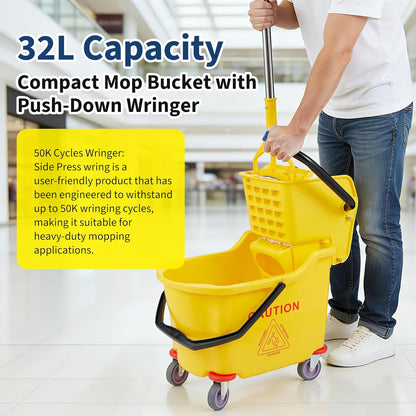 Commercial Mop Bucket with Side Press Wringer on Wheels, 35 Quart Capacity for Floor Cleaning, Kitchens, Restaurants, and Janitorial Use, Yellow