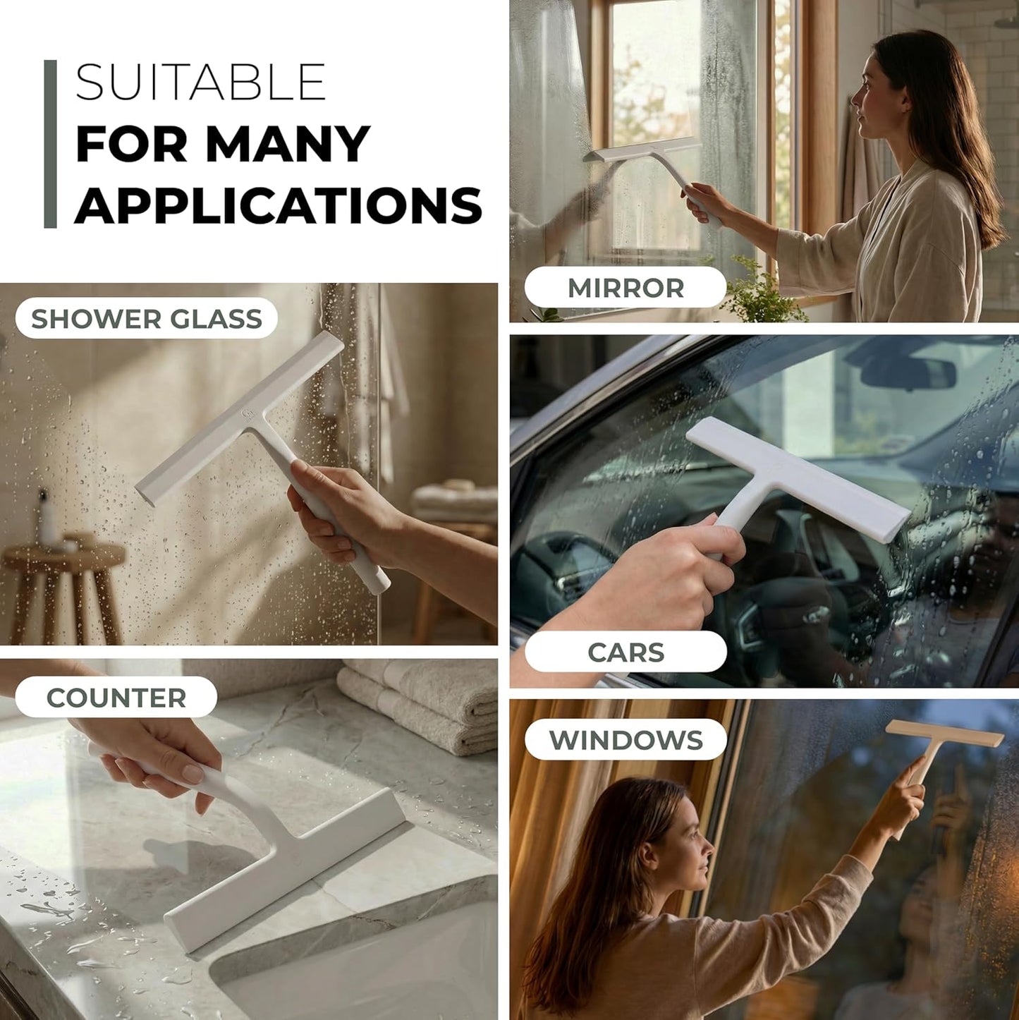 GÜTEWERK Silicone Shower Squeegee for Glass Doors & Mirrors with Stainless Steel Core, Streak-Free & No-Squeak Window Cleaning, 3-in-1 No-Drill Mount (Hook/Suction/Adhesive), Black, 9''