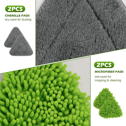 Wall Cleaner Triangle Mop with 82'' Long Handle - Wall Scrubber, Cleaning Washer Tool with 4 Microfiber Chenille Duster Pads for Clean Walls, Ceiling, Windows, Baseboards, Floors (Green, 4 Pads)
