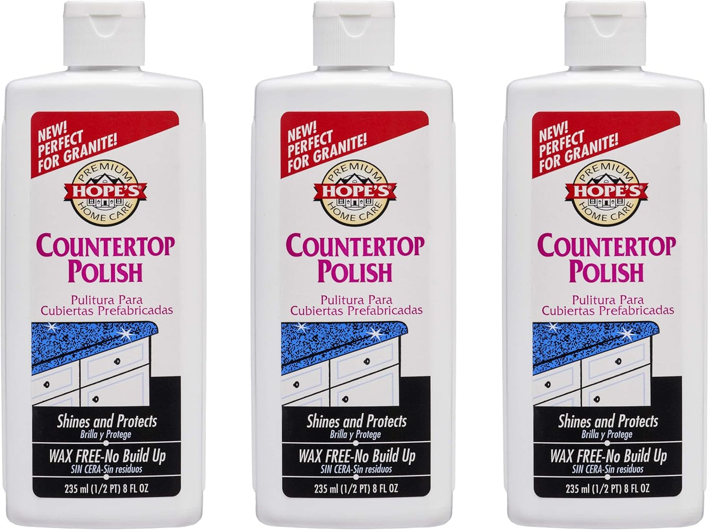 HOPE'S Countertop Restoration Polish - Shines and Protects with No Build-Up - Streak-Free Kitchen Counter Cleaner - Quartz, Marble, Corian, Laminate, Granite Countertop Cleaner, 8 Fl Oz, Pack of 1
