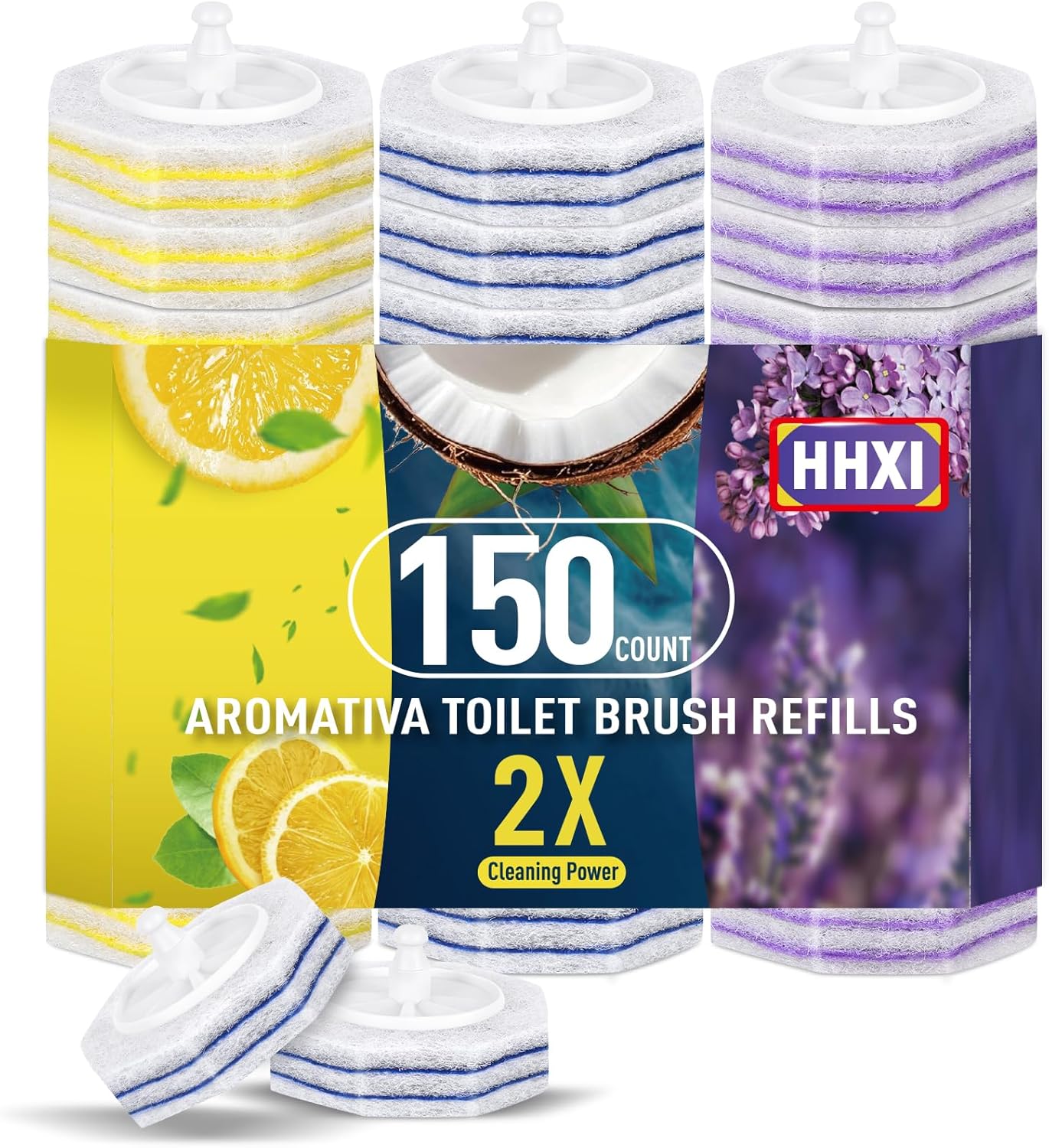 15Ct Aromative Toilet Brush Refills, Toilet Bowl Cleaner Refills, Double-Layer Cleaning Pads Added, Disposable Refill Heads for Toilet Bowl Cleaner Wands，Lemon, Blue Ocean, Lavender （Patented）
