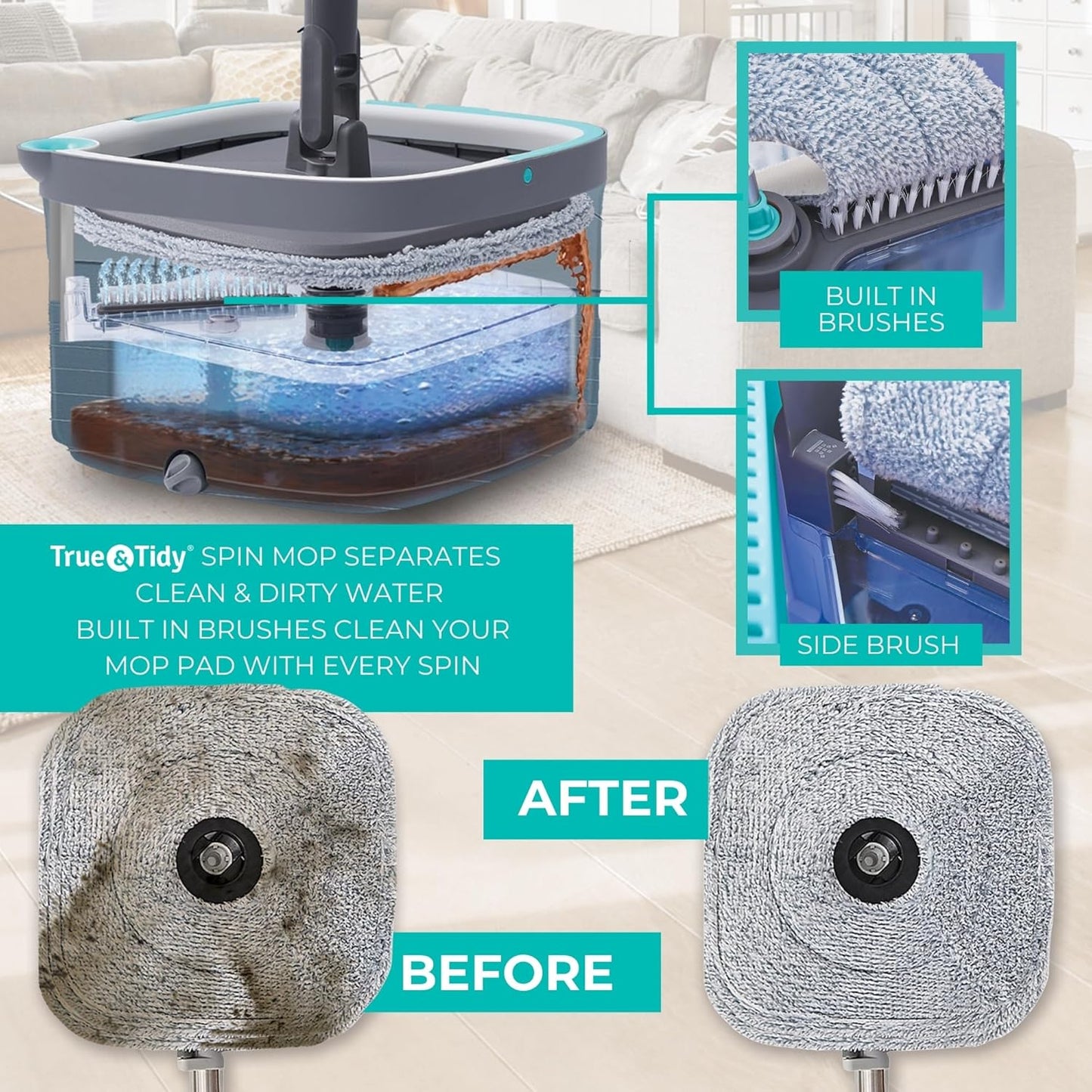 True & Tidy® True Clean Mop and Bucket System, Includes Square Spin, Dual Compartment Mop Bucket and 2 Thick Machine Washable Pads New Upgraded with Side Brush & Self Standing Handle, Rose