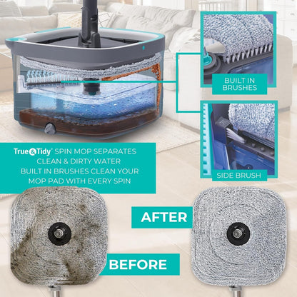 True & Tidy® True Clean Mop and Bucket System, Includes Square Spin, Dual Compartment Mop Bucket and 2 Thick Machine Washable Pads New Upgraded with Side Brush & Self Standing Handle, Rose