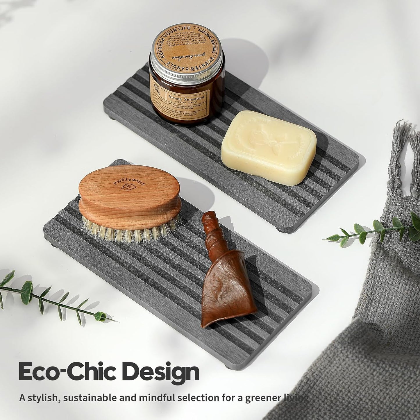 2PCS Water Absorbing Stone Drying Tray Mat for Bathroom Sink & Kitchen Counter Faucet Organizer, Quick Dry Dish Rack Soap Dispenser Sponge Holder, Vanity Sink Caddy Bar Coaster, Ivory White 8“x 4”