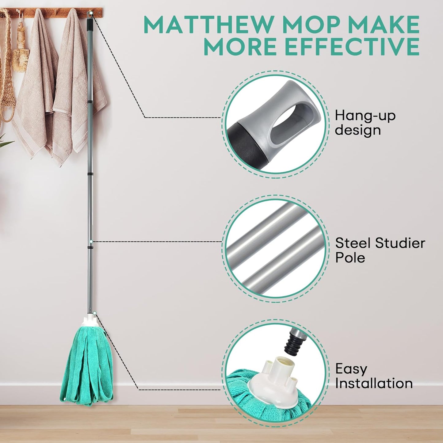 Matthew Microfiber Mop Compatible with Ceda Refill - Commercial Mop Replacement 54" Stainless Steel Handle with 2 Wet Mop Heads w/1 Handle Incl. 2 Pcs Blue Microfiber Cloth