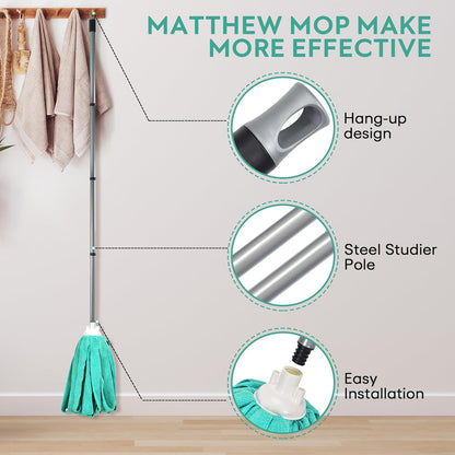 Matthew Microfiber Mop Compatible with Ceda Refill - Commercial Mop Replacement 54" Stainless Steel Handle with 2 Wet Mop Heads w/1 Handle Incl. 2 Pcs Blue Microfiber Cloth