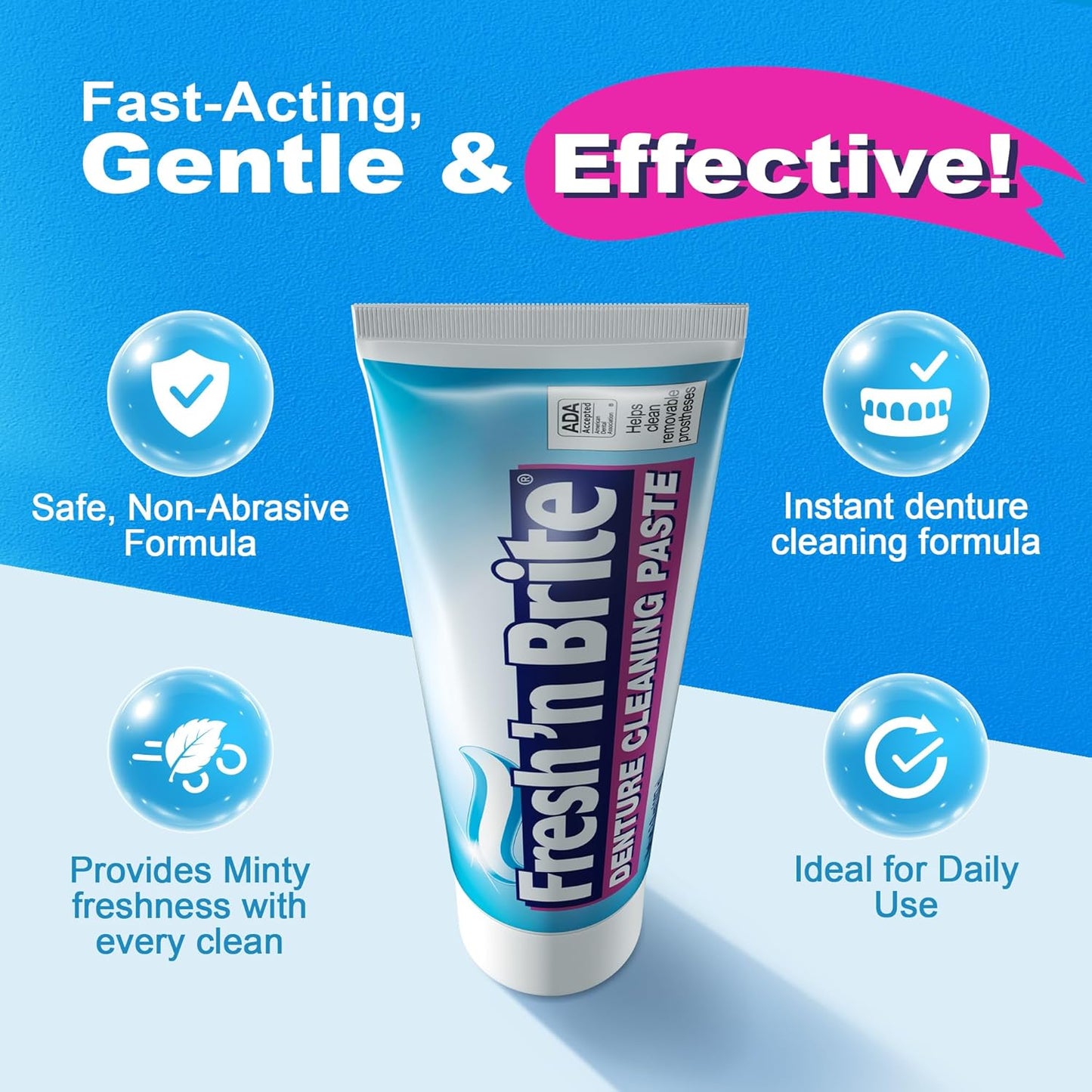 Fresh 'n Brite Denture Cleaner Paste, ADA Accepted Dual Action Formula for Fresh Breath & Gentle Care of Dentures, 1 Count
