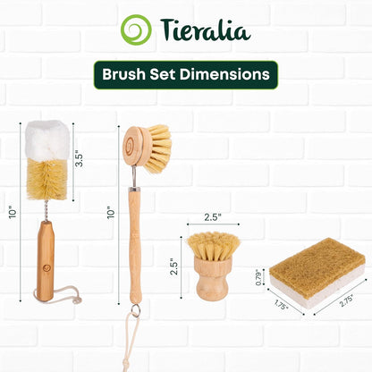 Tieralia Bamboo Dish Brush Gift Set – 5-Piece Kitchen Cleaning Set with Bottle Brush, Round Scrub Brush, Palm Brush & 2 Plant-Based Sponges | Wooden Handle Cleaning Tools for Dishes & Surfaces