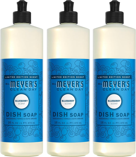 Mrs. MEYER'S CLEAN DAY Liquid Dish Soap, Blueberry Scent, 16 Fl Oz Bottle - 3 Pack