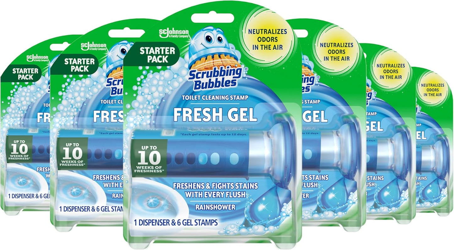 Scrubbing Bubbles Fresh Gel Toilet Bowl Cleaning Stamps, Automatic & Continuous Bathroom Toilet Cleaner Helps Prevent Limescale & Rings, Rainshower Scent, 1 Dispenser with 6 Stamps (6 Count)