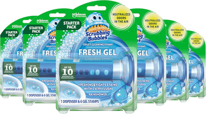 Scrubbing Bubbles Fresh Gel Toilet Bowl Cleaning Stamps, Automatic & Continuous Bathroom Toilet Cleaner Helps Prevent Limescale & Rings, Rainshower Scent, 1 Dispenser with 6 Stamps (6 Count)
