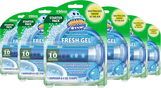 Scrubbing Bubbles Fresh Gel Toilet Bowl Cleaning Stamps, Automatic & Continuous Bathroom Toilet Cleaner Helps Prevent Limescale & Rings, Rainshower Scent, 1 Dispenser with 6 Stamps (6 Count)
