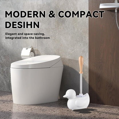 Duck Toilet Brush and Holder Set - Ceramic Bathroom Toilet Scrubber Brush Organizer with Wooden & Stainless SteelHandle, Gold Toilet Brush & Cute Duck Design for Bath Decor Storage