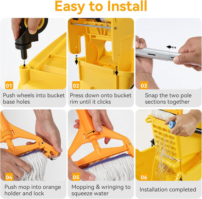 38 Qt Commercial Mop Bucket with Side Press Wringer on Wheels, Including Wet Floor Caution Sign, 1 Heavy Duty Industrial Mop, 1 Mop Head Replacement and a Pair of Gloves