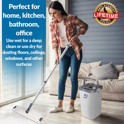 X3 Mop, Separates Dirty and Clean Water, 3-Chamber Design, Flat Mop and Bucket Set, Hands Free Home Floor Cleaning, 3 Reusable Microfiber Mop Pads Included (Original X3 Mop)