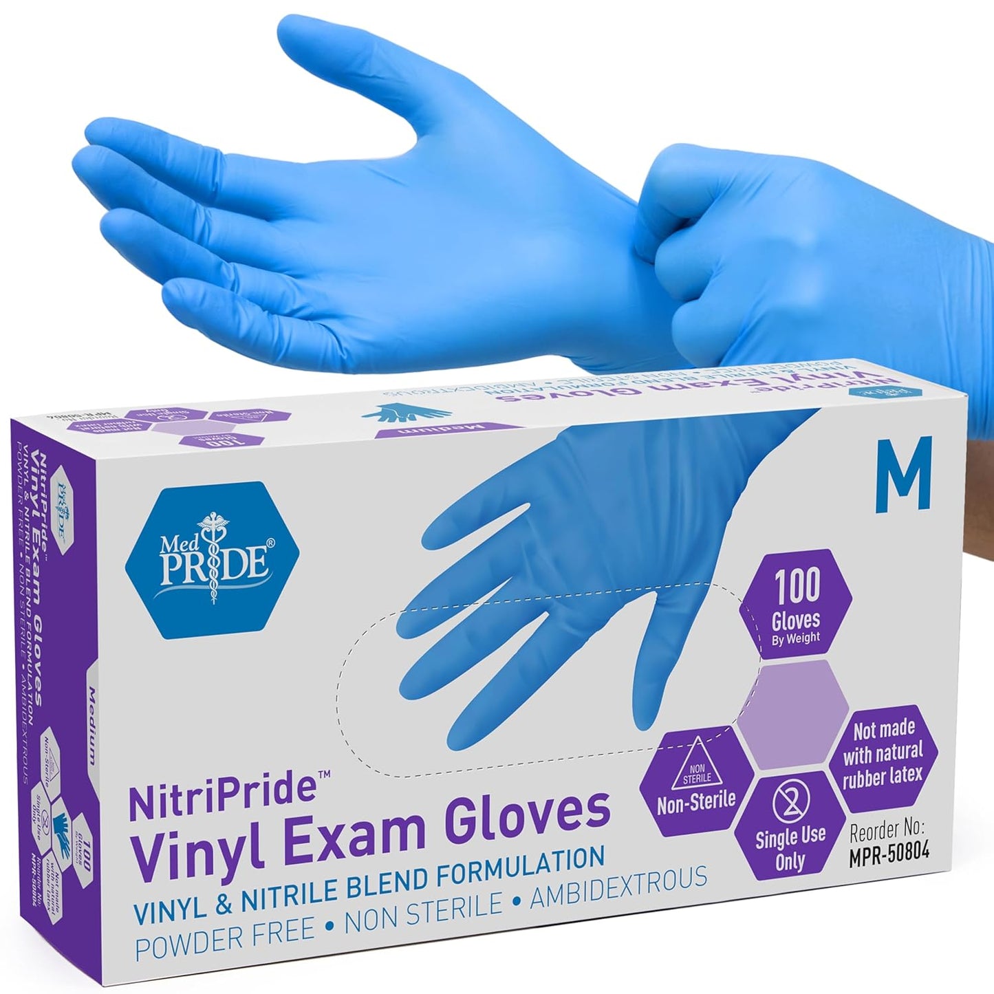 MED PRIDE Nitrile/Vinyl Blend Exam Gloves, Powder-Free, Latex-Free, Disposable, Non-Sterile, Blue, Large (Box of 100)