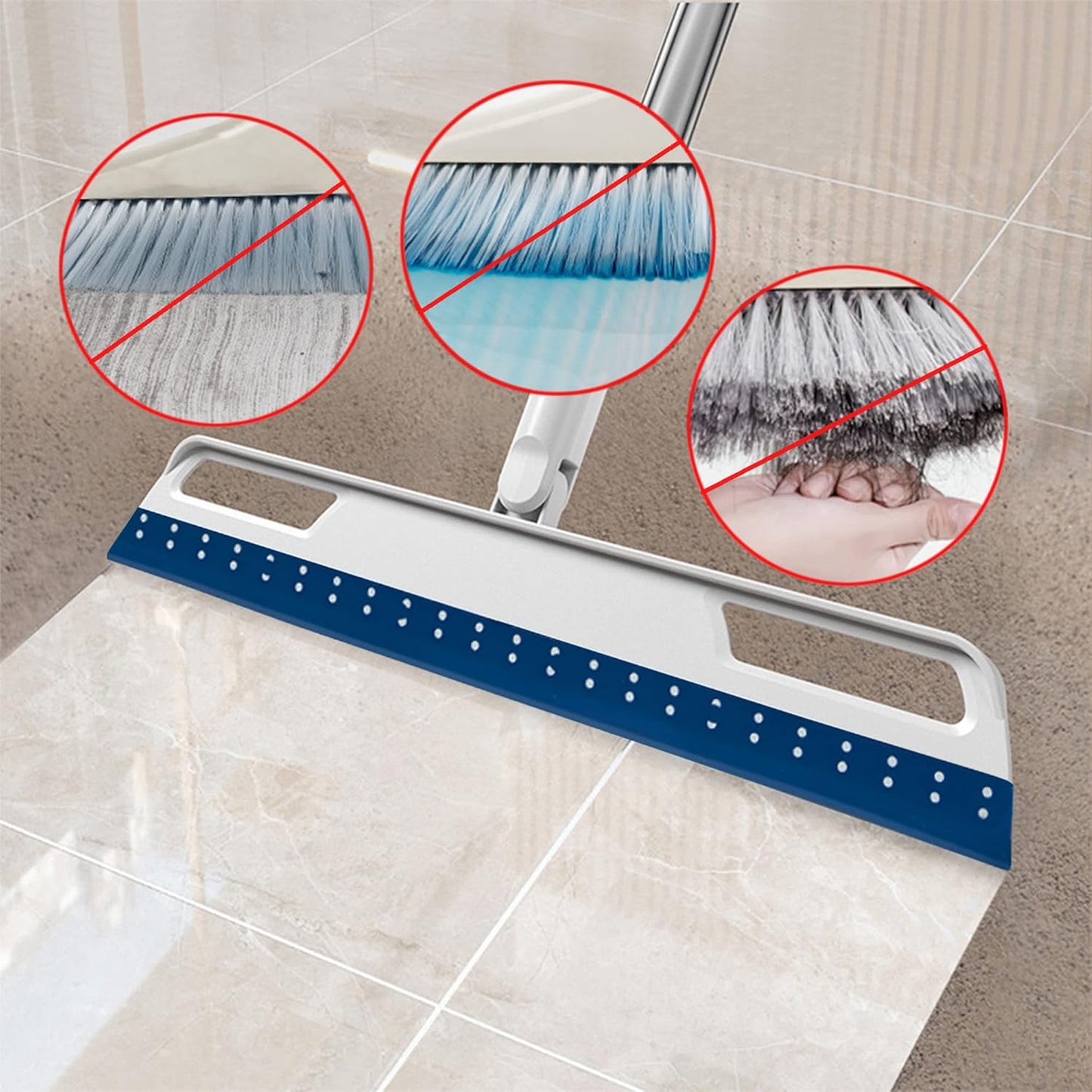 Multifunction Rubber Air Broom, Silicone Floor Squeegee with 56" Long Handle, Rubber Sweeper, Air Broom for Floor Bathroom Kitchen Shower Tile Pet Hair Fur Marble Glass Water Window Foam Clean (Grey)