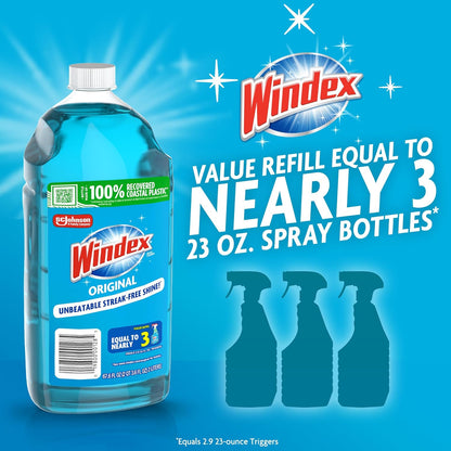 Windex Glass and Window Cleaner Spray Bottle, Packaging Designed to Prevent Leakage and Breaking, Surface Cleaning Spray, Original Blue Scent, 23 Fl Oz