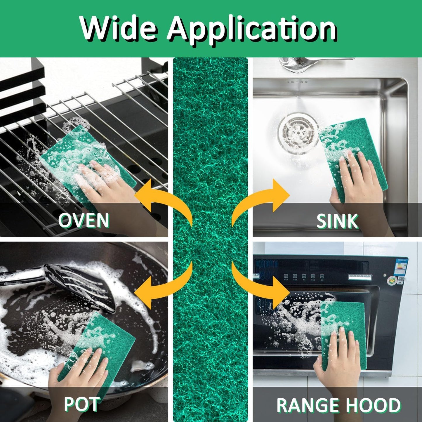 CONLI 100 PCS Scouring Pad Reusable Household Green Scrubbing Pads for Cleaning, Multipurpose 6" x 4" Non Scratch Scrubbing Pads for Kitchen Dishes Pan Metal Grills