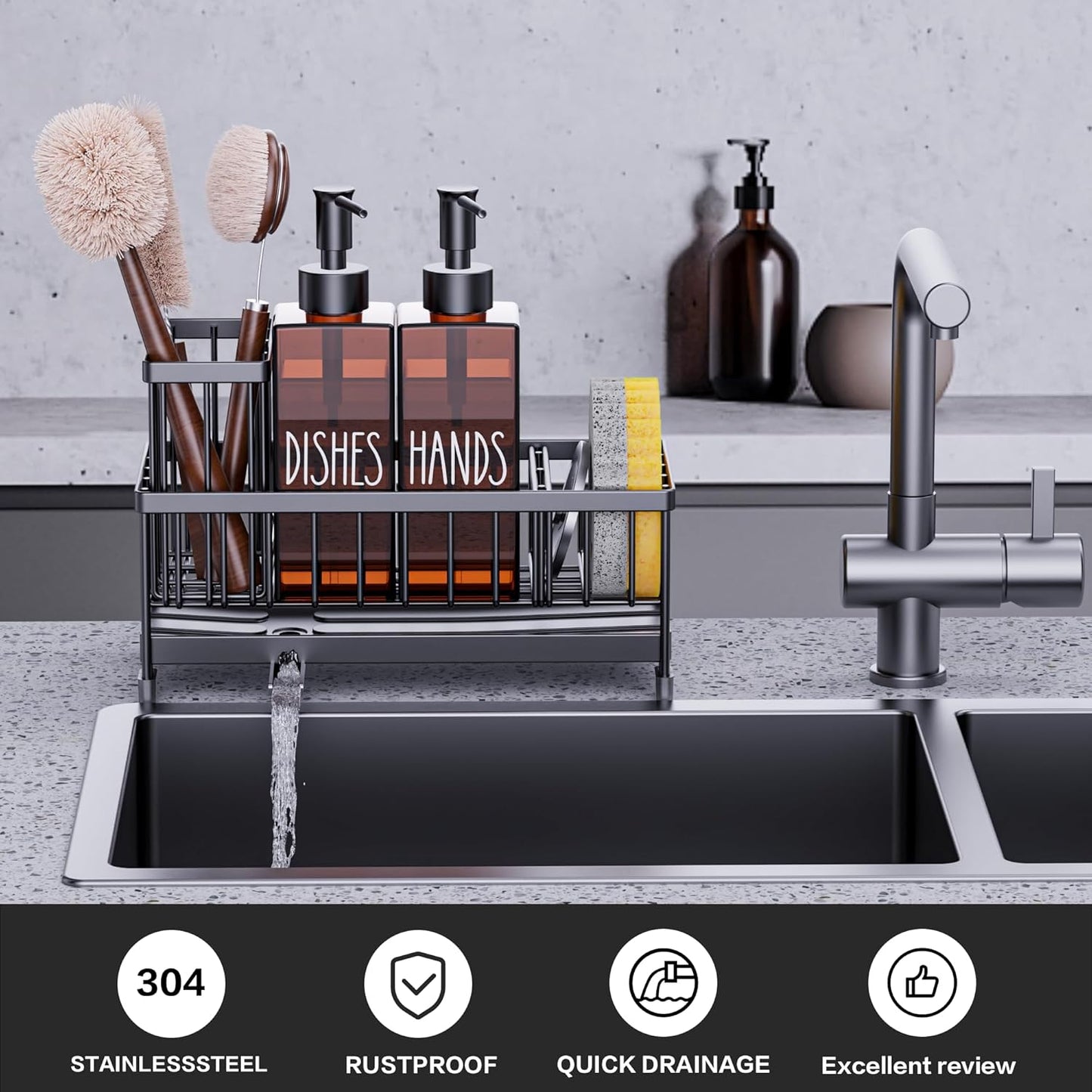 Cisily Kitchen Soap Dispenser Set with Sink Caddy, 12 Oz Glass Bottle, Hand and Dish Soap Dispenser Set with Sponge Holder, Black Stainless Steel Kitchen Countertop Sink Organizer Accessories