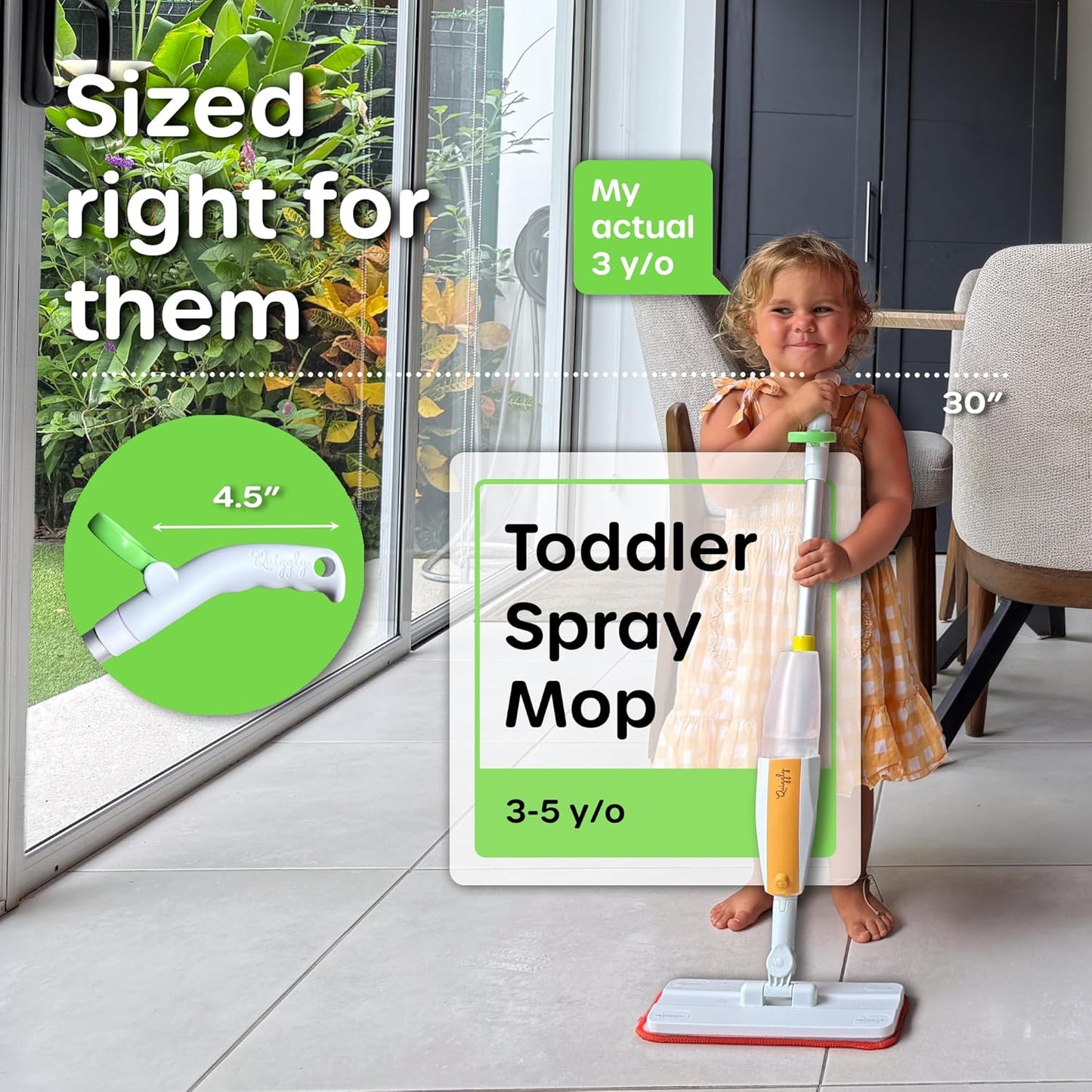 Quiggly Toddler Spray Mop – Two-Handed Design for Ages 3–5 with Real Water Sprayer – Montessori Functional Cleaning Toy Set