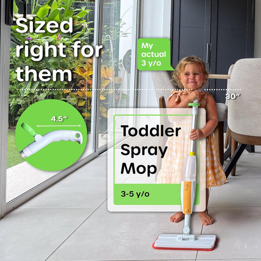 Quiggly Toddler Spray Mop – Two-Handed Design for Ages 3–5 with Real Water Sprayer – Montessori Functional Cleaning Toy Set