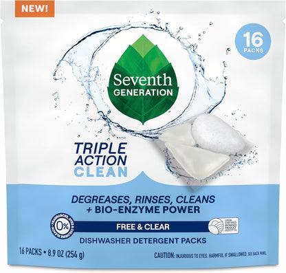 Seventh Generation Triple Action Clean Dishwasher Detergent Packs 1 pack Free & Clear For de-greasing and cleaning even the toughest food messes Fights 48-hr stuck-on food 8.9 oz