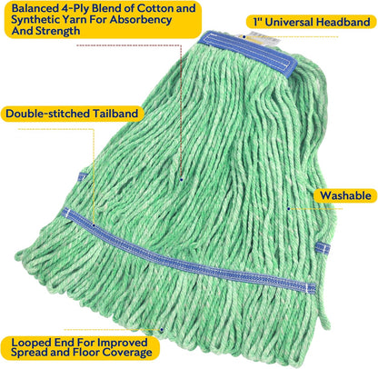 Matthew Cleaning Heavy Duty Mop Head Commercial Replacement for General and Floor Cleaning , Wet Industrial Blue Cotton Looped End String Head Refill (Pack of 6) Blue