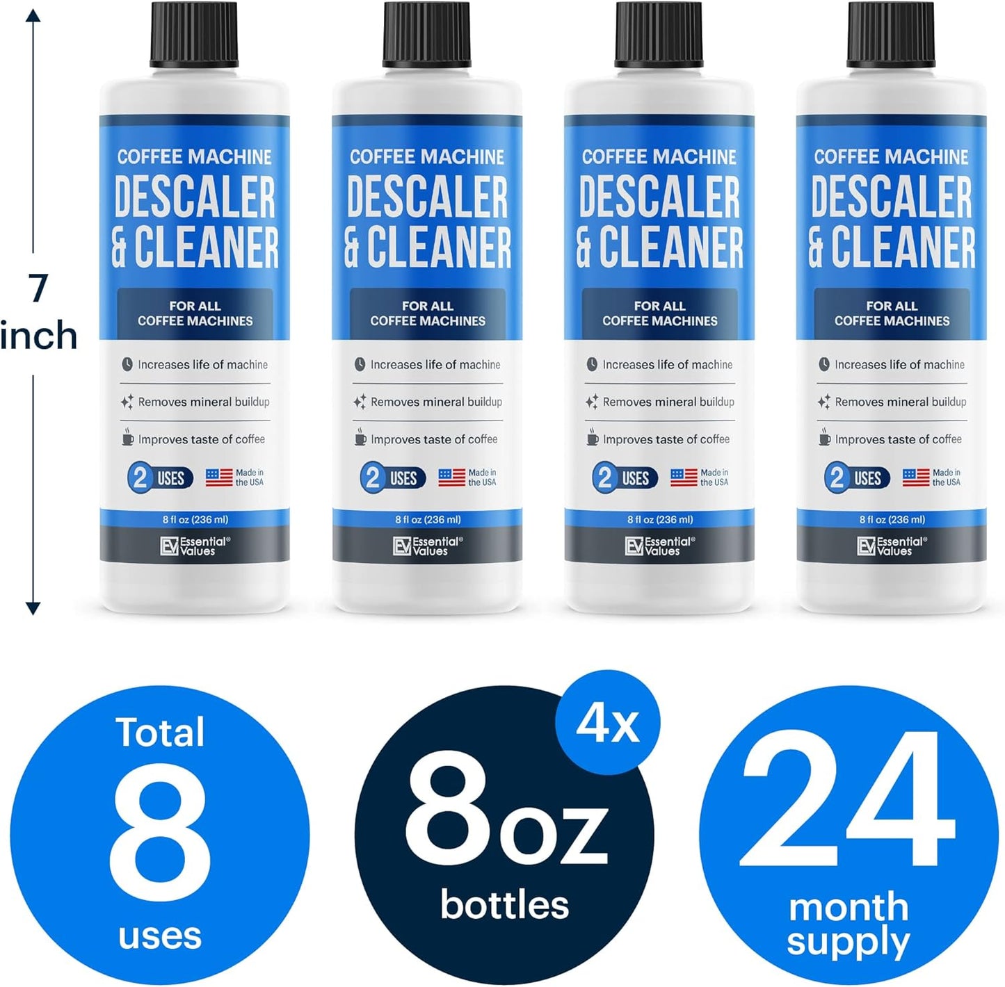 Essential Values Descaling Solution (8 fl oz / 236 ml) – Coffee Maker Cleaner for Nespresso, Keurig, Breville & More – Works on All Machines & Espresso Makers – Made in USA