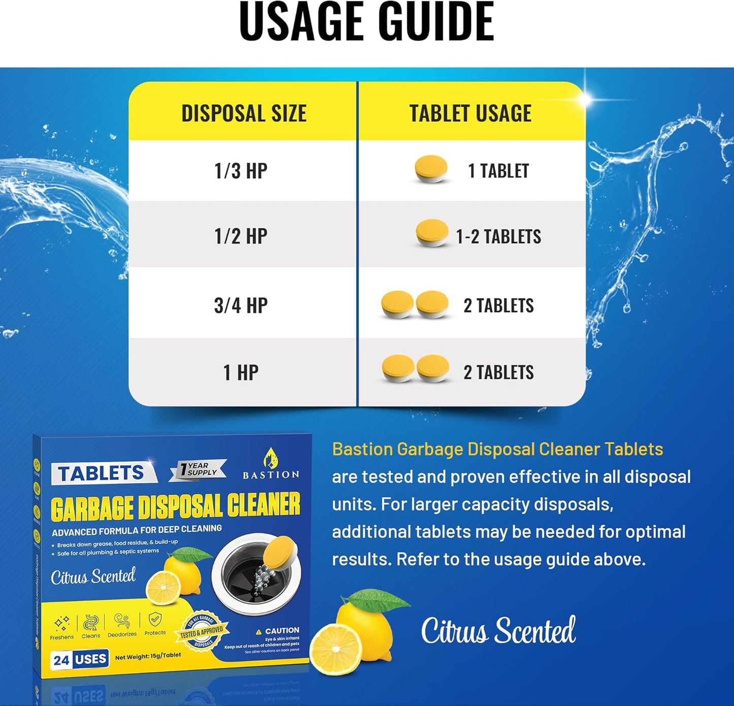 Bastion Garbage Disposal Cleaner and Deodorizer - 24-Count (1-Year Supply) Foaming Lemon Scented Kitchen Sink Freshener Pods & Drain Odor Eliminator Disposer Care