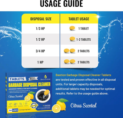 Bastion Garbage Disposal Cleaner and Deodorizer - 24-Count (1-Year Supply) Foaming Lemon Scented Kitchen Sink Freshener Pods & Drain Odor Eliminator Disposer Care