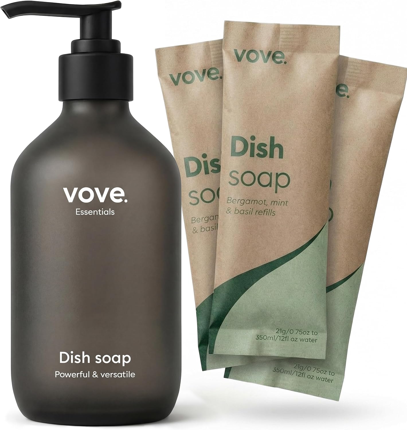 Vove Dish Soap Refills 3-Pack, Bergamot Mint & Basil, Powder-to-Gel Dishwashing Liquid Refill, Plant-Based Concentrated Formula, Grease-Cutting Power, Plastic-Free Compostable Packaging, Essential oil