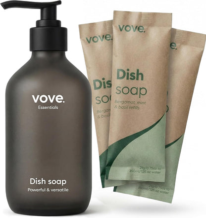 Vove Dish Soap Refills 3-Pack, Bergamot Mint & Basil, Powder-to-Gel Dishwashing Liquid Refill, Plant-Based Concentrated Formula, Grease-Cutting Power, Plastic-Free Compostable Packaging, Essential oil