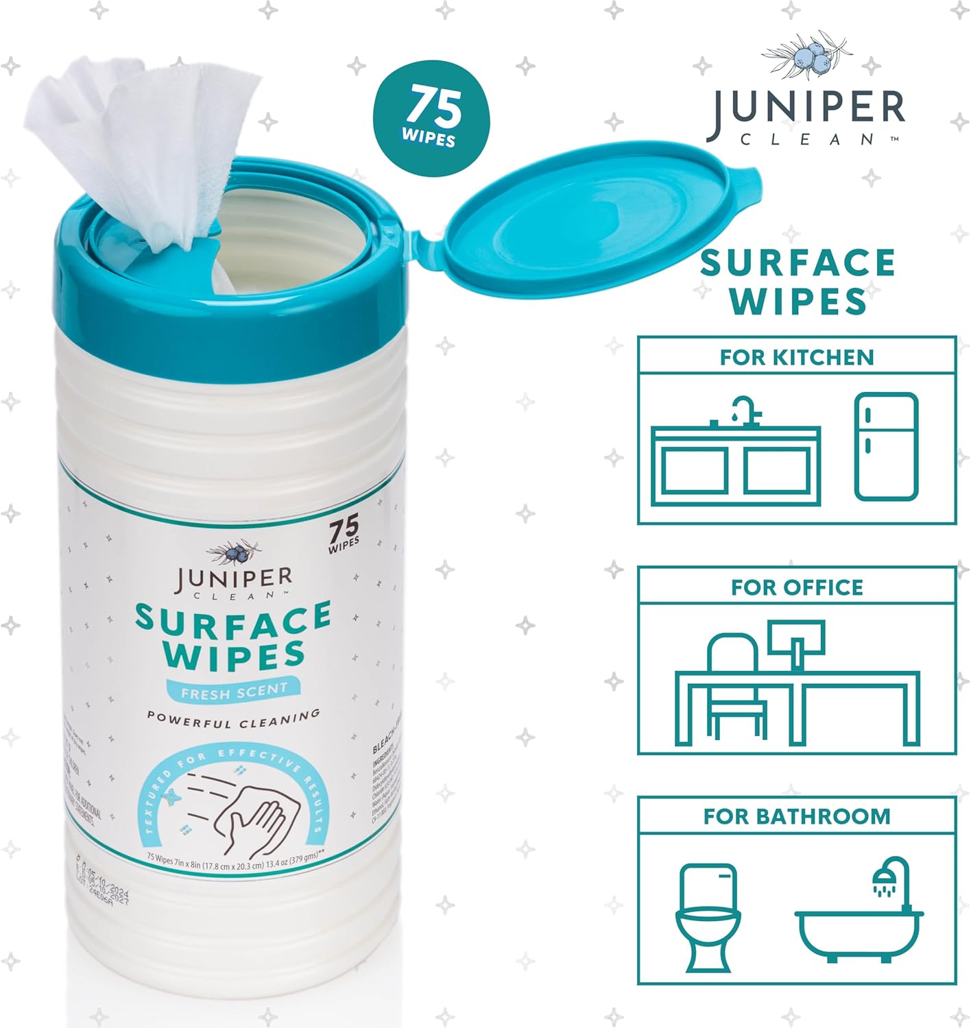 Juniper CLEAN 24 Pack Surface Cleaning Wipes Bleach Free, All-Purpose Cleaner for Bathroom, Kitchen, Office, 1728 Count Soft Flow, Fresh Scent, Bleach Free, Lint Free, Durable