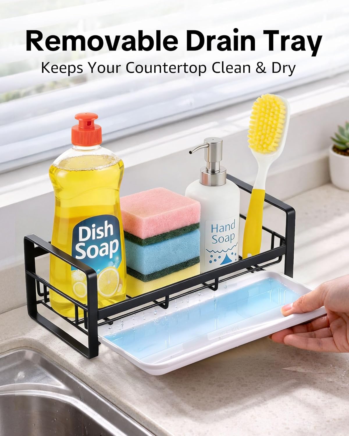 HULISEN Large Sponge Holder, 304 Stainless Steel Kitchen Soap Dispenser Caddy Organizer, Countertop Soap Dish Rack Drainer with Removable Drain Tray, not Including Dispenser and Brush, Silver